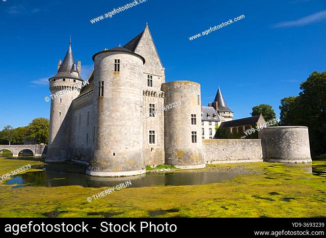 France, Loiret (45), Sully-sur-Loire, castle, part called ""the Donjon"" with 4 towers, the moats are invaded by green algae generated by low Loire river level...
