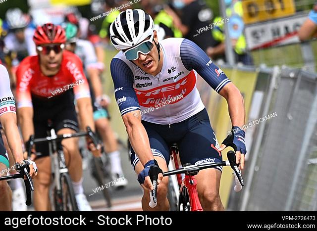 Belgian Jasper Stuyven of Trek-Segafredo crosses the finish line of the third stage of the 73rd edition of the Criterium du Dauphine cycling race, 172