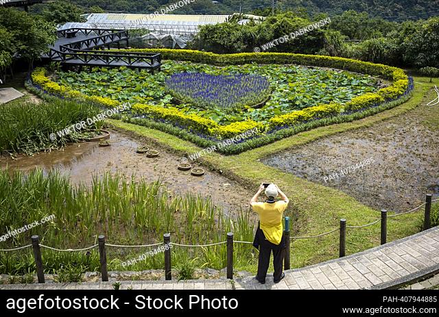 A man photographs the Lake of Love (a small heart-shaped body of water overgrown with spring flowers) in Taipei, Taiwan on 11/05/2023 by Wiktor Dabkowski