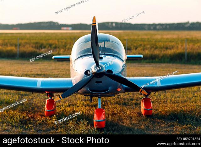 RUSSIA, MOSCOW - AUGUST 1, 2020: Small private single engine propeller airplane at regional airport