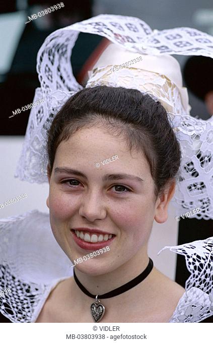 France, Brittany, woman, young,  traditional costume, traditionally, bretonisch,  Top bonnet, Coiffes, portrait  Europe, North France, folklore, people