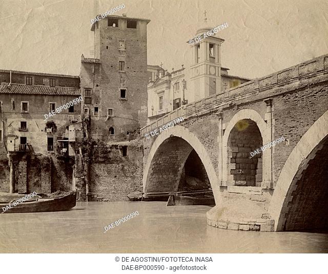 Pons Fabricius over the Tiber river, with the Tower of the Maid, Rome, Italy, photograph from Istituto Italiano d'Arti Grafiche, Bergamo, 1905-1908