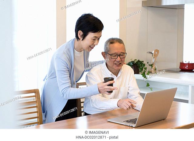 Senior couple enjoying video chatting on laptop