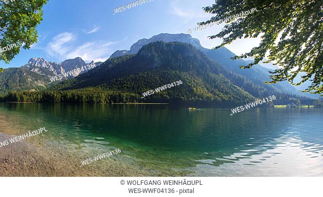 Austria, Salzkammergut, Feuerkogel, View of Langbathsee lake, Hoellen mountains