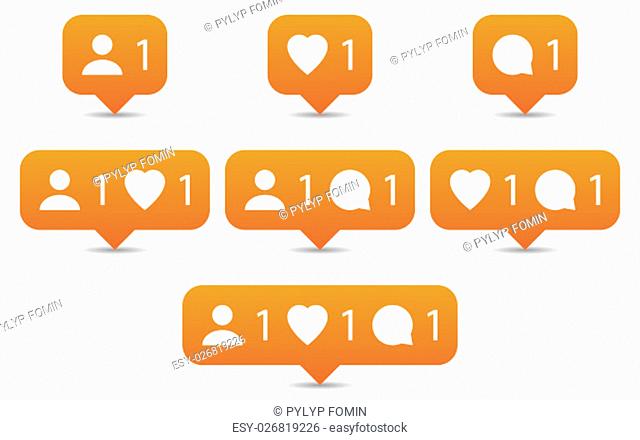 Like, follow, comment icons in flat style. Orange notification tooltip with heart, user, speech bubble, counter and shadow on white background. Set 02