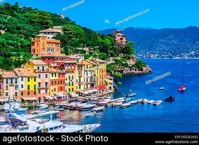 Picturesque fishing village and holiday resort Portofino, in the Metropolitan City of Genoa on the Italian Riviera in Liguria, Italy
