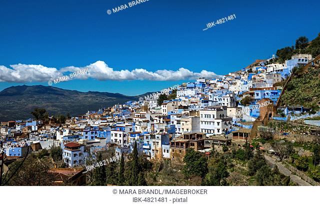 View on blue houses of the medina of Chefchaouen, Chaouen, reef mountains, Tangier-Tétouan, Morocco