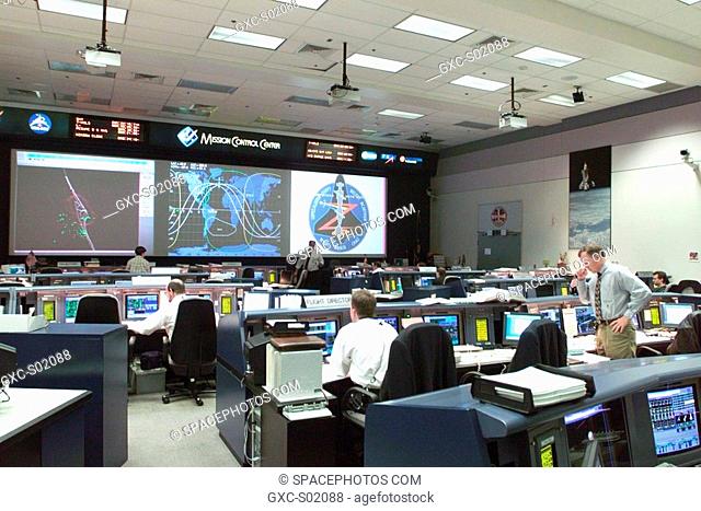 Wide shot of the shuttle flight control room in Houston's Mission Control Center MCC during launch day activities