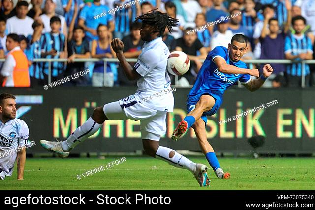Genk's Daniel Munoz Mejia and Demirspor's Andreaw Gravillon fight for the ball during a soccer game between Turkish Adana Demirspor and Belgian KRC Genk