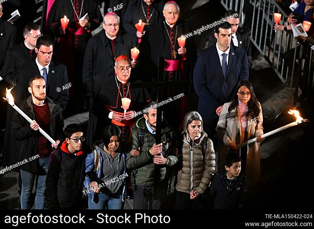 Via Crucis torchlight procession at the Colosseum for Good Friday. Rome, Italy, 15 April 2022