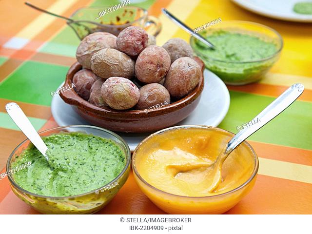 Potatoes with mojo sauce, typical dish from the Canaries, Tenerife, Canary Islands, Spain, Europe