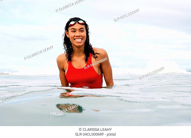 Swimmer wearing goggles in water