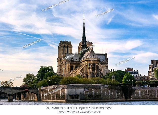 Notre Dame Cathedral in Paris with the Seine River