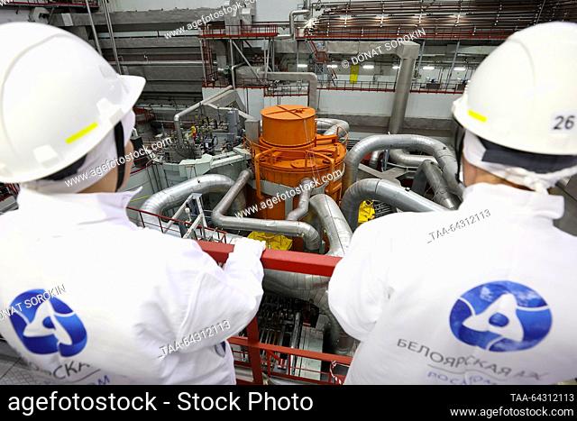 RUSSIA, SVERDLOVSK REGION - NOVEMBER 2, 2023: Workers are seen in a reactor room of power unit 4 with the BN-800 fast breeder reactor at the Beloyarsk Nuclear...