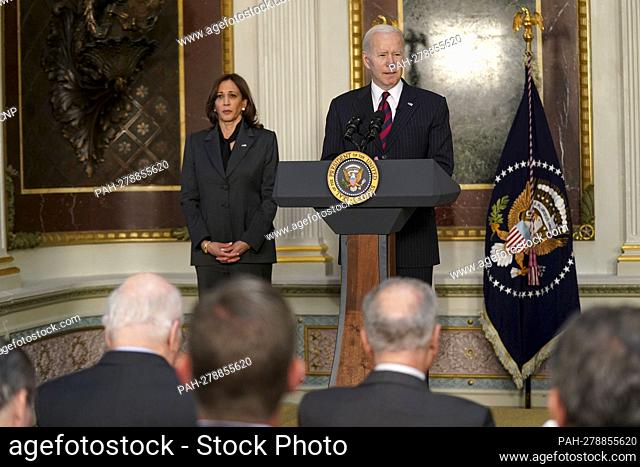 United States President Joe Biden delivers remarks prior to signing H.R. 2471, the “Consolidated Appropriations Act of 2022” in the Indian Treaty Room in the...