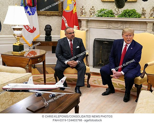 United States President Donald J. Trump, right, speaks to the media during a meeting with His Royal Highness Prince Salman bin Hamad Al-Khalifa, Crown Prince