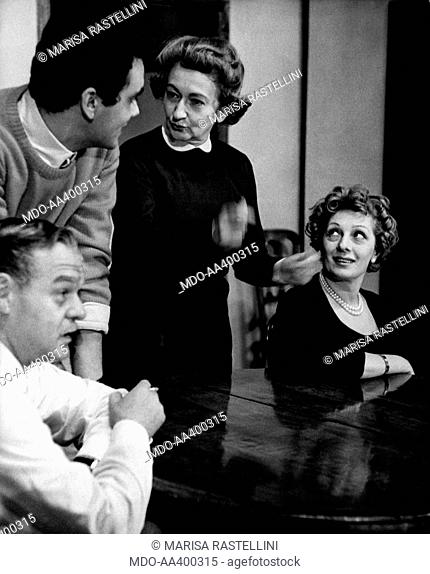 Alba De Cèspedes with Elio Zamuto, Carlo Hintermann and Andreina Pagnani. Italian writer, poet and partisan Alba De Cèspedes talking to Italian actors Elio...