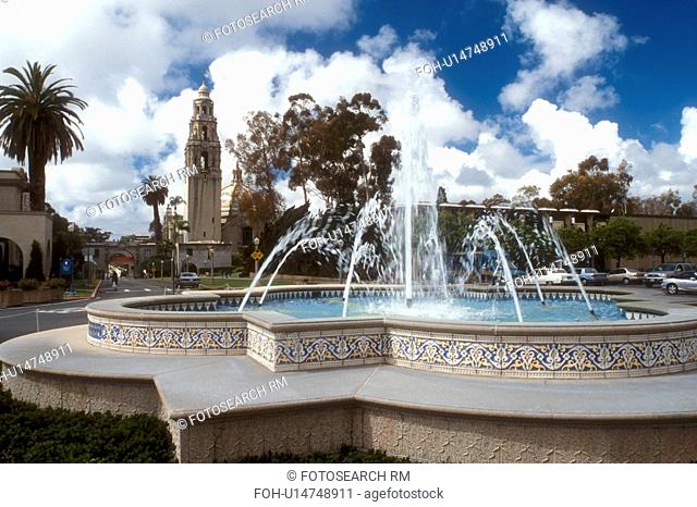 San Diego, California, CA, Fountain at Plaza de Panama and view of California Tower at Balboa Park in San Diego