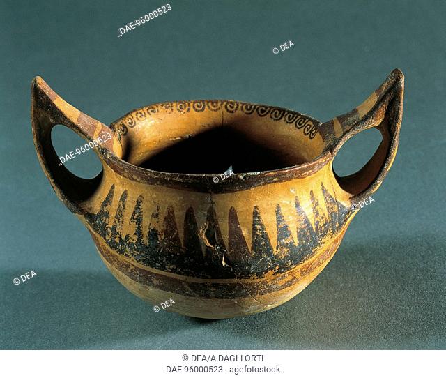 Greek civilization, Helladic period, 14th-13th century b.C. Matt-painted kantharos decorated with geometric patterns. From Aiani, Livadeia