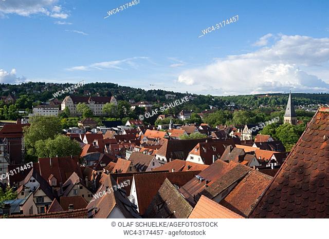 06. 06. 2017, Tuebingen, Baden-Wuerttemberg, Germany, Europe - An elevated city view of the roofscape of Tuebingen's old town