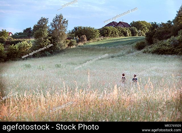 Little happy kids playing in a tall grass in the countryside. Candid people, real moments, authentic situations