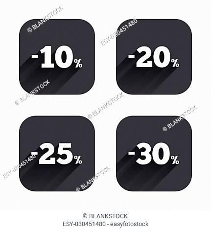 Sale discount icons. Special offer price signs. 10, 20, 25 and 30 percent off reduction symbols. Square flat buttons with long shadow