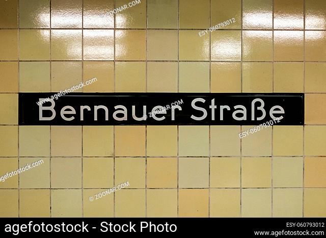 Berlin, Germany - february 2019 : Subway station sign of Bernauaer Strasse in Berlin, Germany