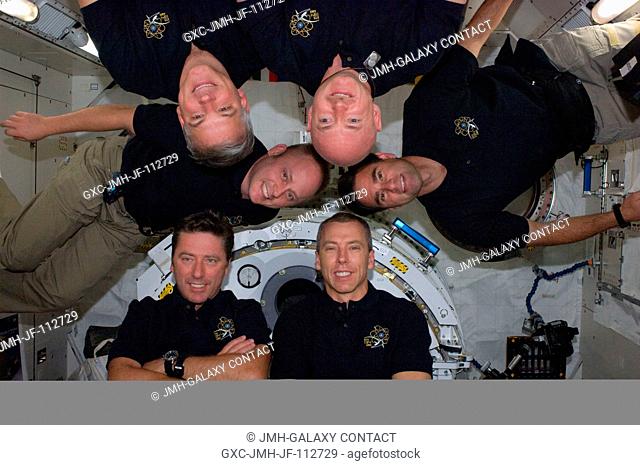 The six member crew for space shuttle Endeavour's final mission poses for an STS-134 in-flight crew portrait in the Japan Aerospace Exploration Agency's Kibo...