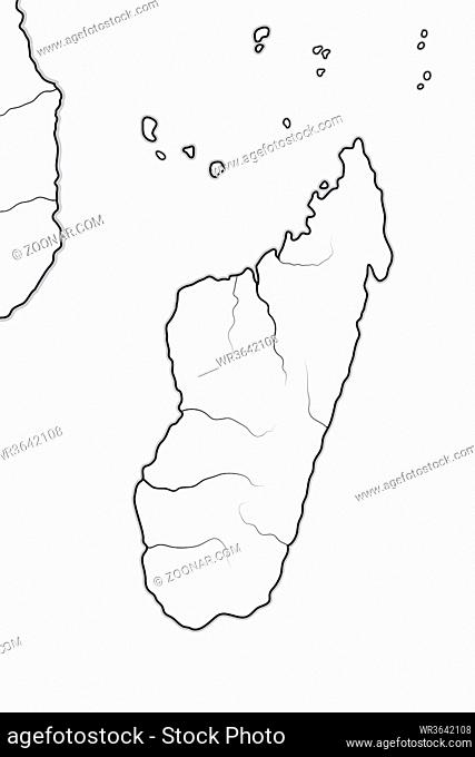 World Map of MADAGASCAR and AFRICA COASTLINE: Madagascar, Zanzibar, Tanzania, South Africa. Geographic chart with oceanic coastline, atolls, isles and islands