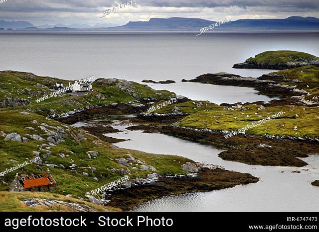 Headland, cottage, white house, rocky coast, Atlantic Ocean, beach, landscape, Golden Road, Isle of Harris, Outer Hebrides, Western Isles, Hebrides, Scotland