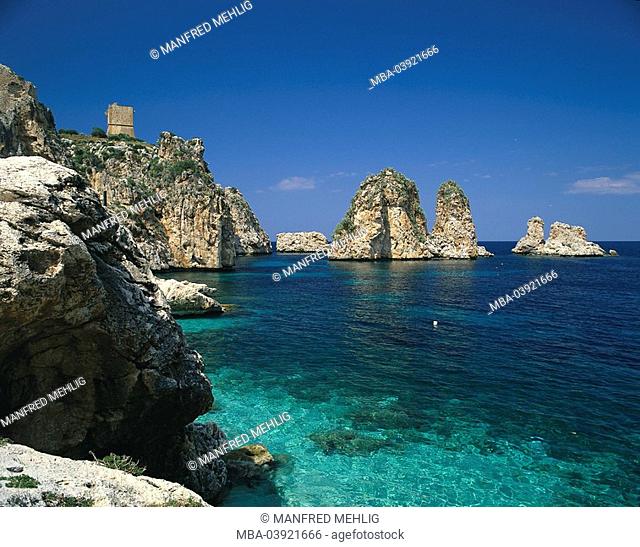 Italy, Sicily, Tonnara di Scopello, rock-coast, island, coast-region, coast, rocks, rock-formations, lake, destination, tourism, nature, deserted