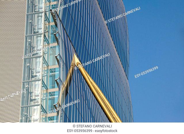 CITYLIFE, MILAN, ITALY - JANUARY 13, 2019 - Allianz Tower designed by the Architect Isozaki is one of the symbols of modernity and renovation of the city of...