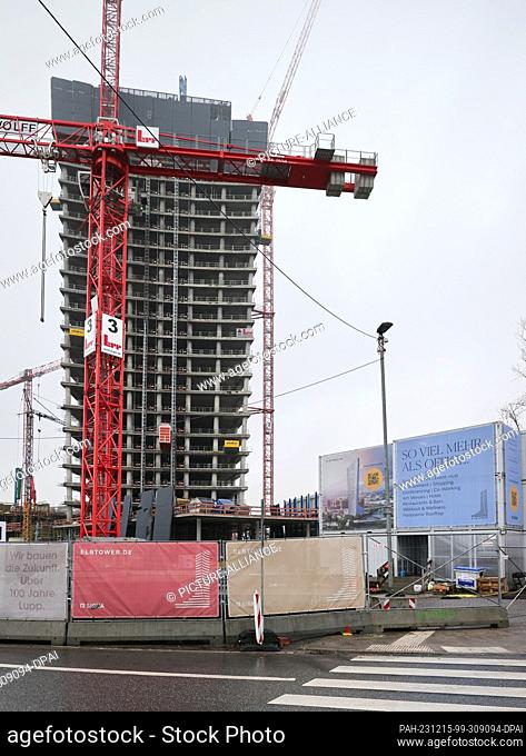 15 December 2023, Hamburg: View of the Elbtower construction site in Hafencity. At 244.80 meters high, the skyscraper is set to become the third tallest...