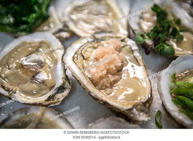 Freshly shucked oysters with garnish at a restaurant in Baltimore, Maryland, USA