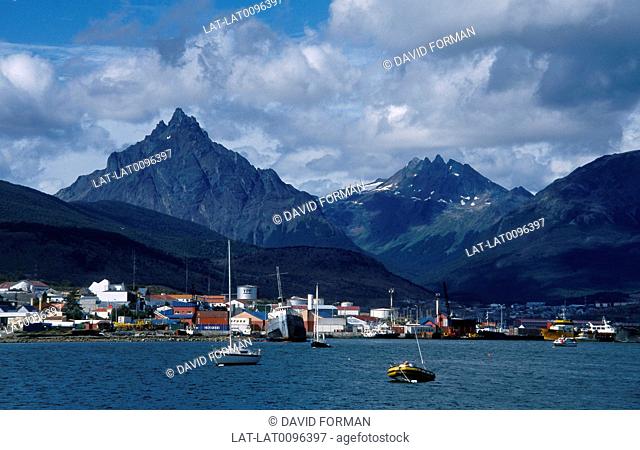 Harbour, port. Beagle Channel. View of town beneath peak of Mount Olivia