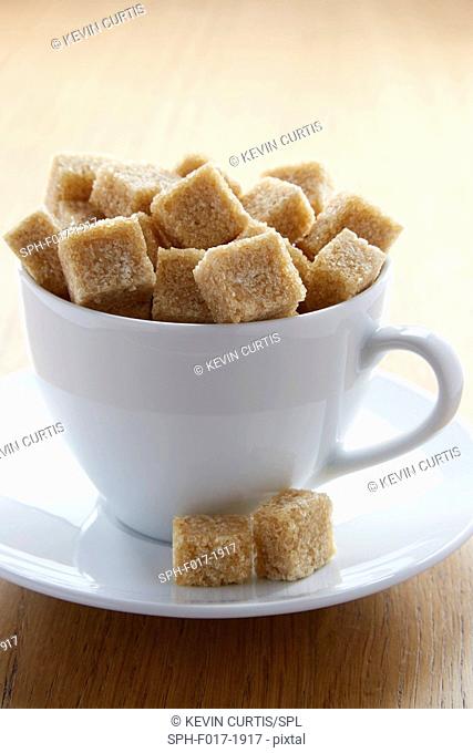 Tea cup full of sugar lumps, studio shot