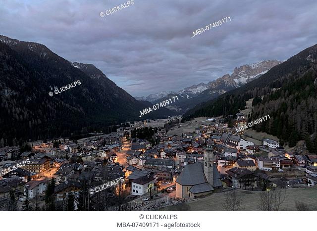 Fassa Valley, Dolomites, Trentino, Italy, Europe, Campitello district, first lights on Campitello