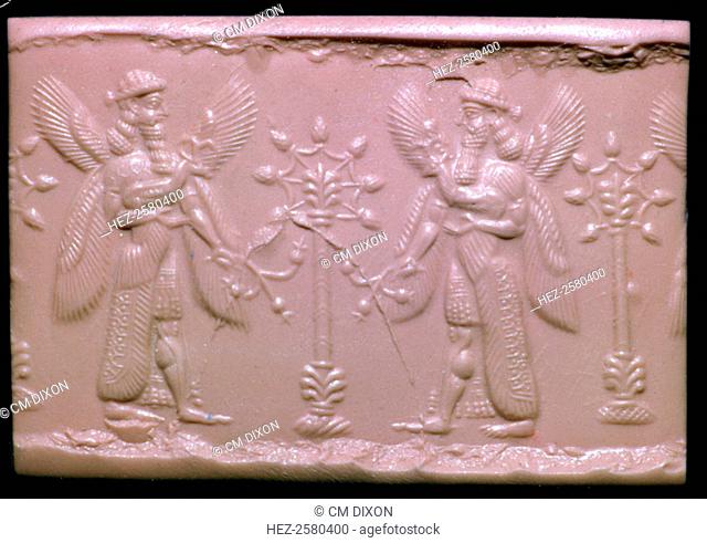 Neo-Assyrian cylinder-seal impression showing mythical beings making offerings before a sacred tree, from the British Museum's collection