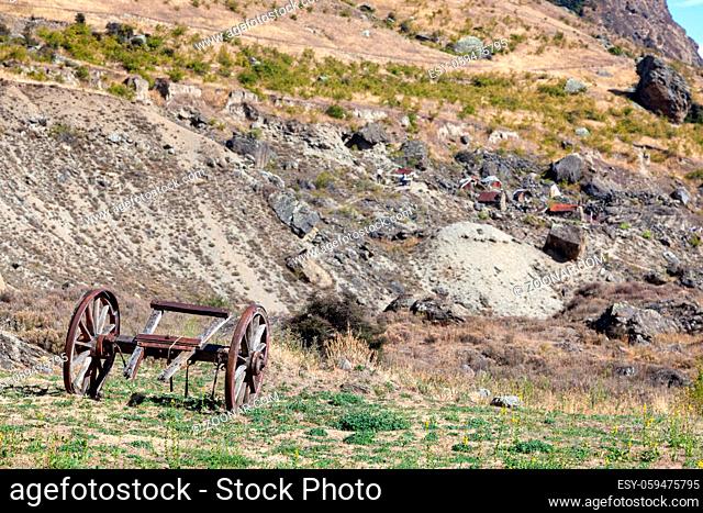RIPPONVALE, CENTRAL OTAGO, NEW ZEALAND - FEBRUARY 17 : Old wooden cannon carriage in the gold mining area of Ripponvale in New Zealand on February 17, 2012