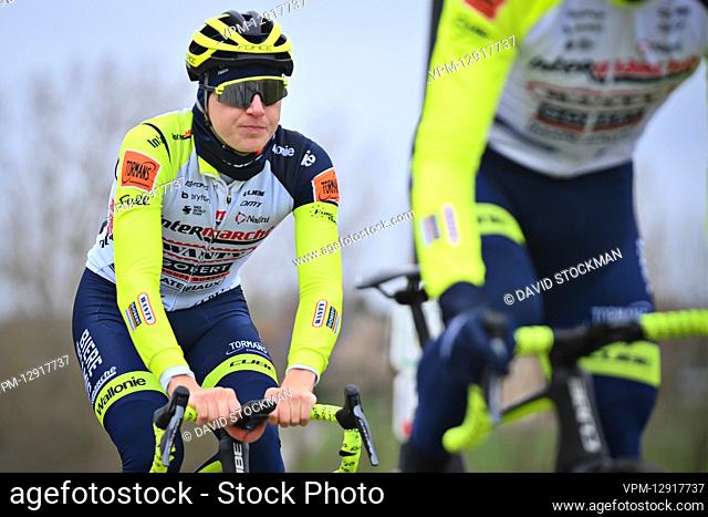 Belgian Aime De Gendt of Intermarche Wanty-Gobert Materiaux pictured in action during the reconnaissance of the track, ahead of the one-day cycling race Omloop...