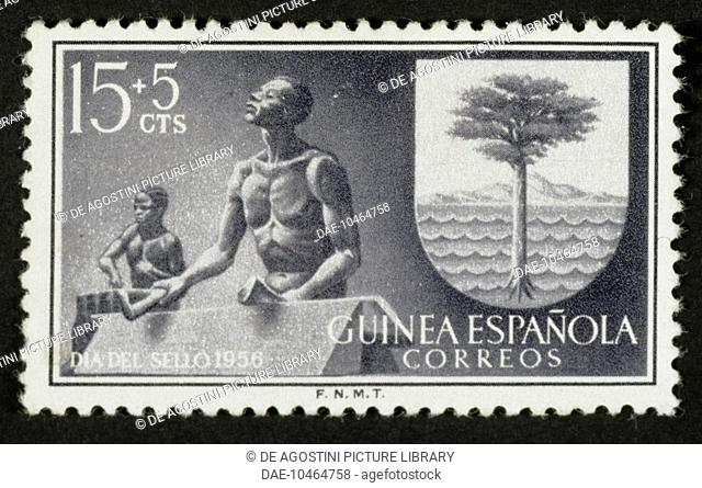 Postage stamp commemorating Postage stamp day, 1956, depicting natives playing percussion instruments and coat of arms. Spanish Sahara, 20th century