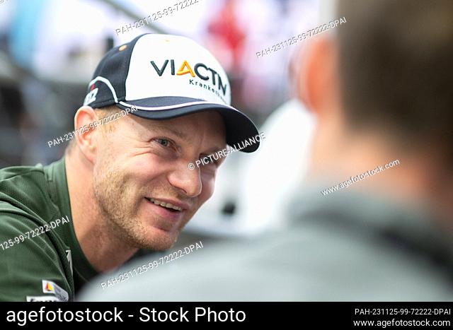 24 November 2023, Saxony, Dresden: Bobsleigh pilot Francesco Friedrich, sits on the sidelines of the press conference of the German Bobsleigh and Luge...