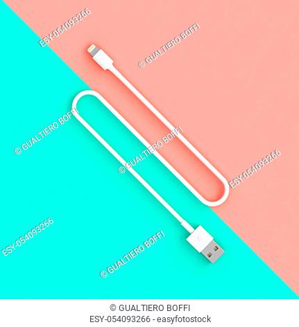 white usb cable on two-color background in flat lay style. 3d render. Connection concept