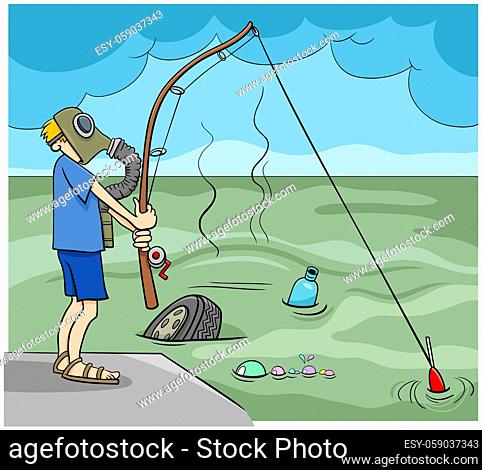 Cartoon illustration of not very smart guy fishing in the sewage