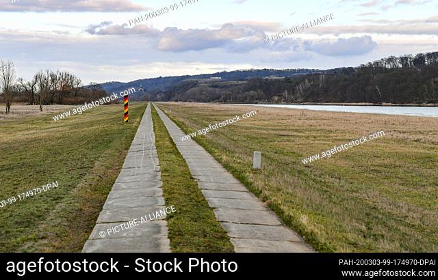 27 February 2020, Brandenburg, Criewen: A trail on a dike in the Lower Oder Valley National Park on the German-Polish border river Oder