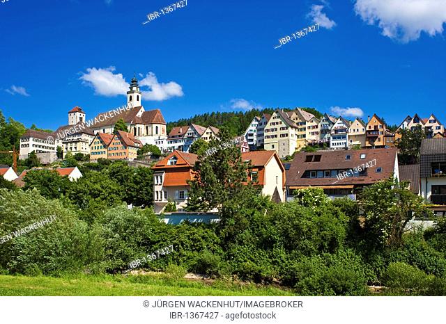 Cityscape with Stiftskirche Heilig Kreuz collegiate church, Horb am Neckar, Black Forest, Baden-Wuerttemberg, Germany, Europe