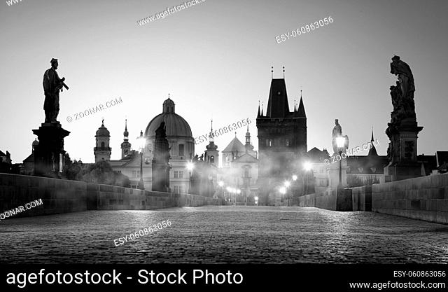 Charles Bridge in Prague. Black and white photo