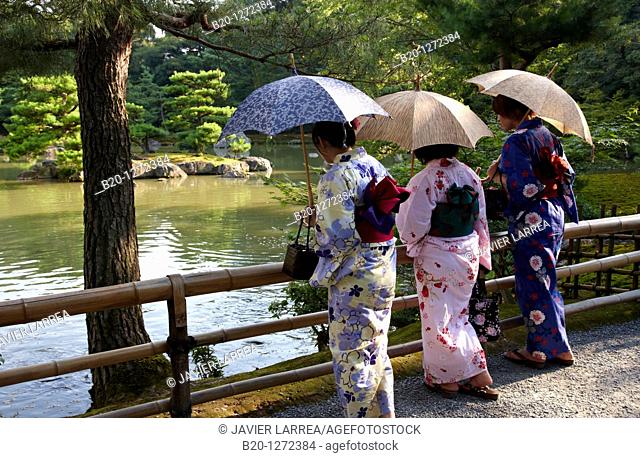 Japanese women with Kimono, Kinkakuji Temple, The Golden Pavilion, Rokuon-ji temple, Kyoto, Japan
