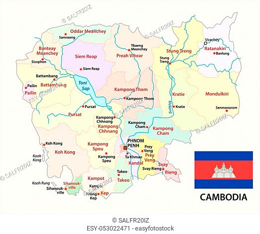 cambodia administrative and political map with flag