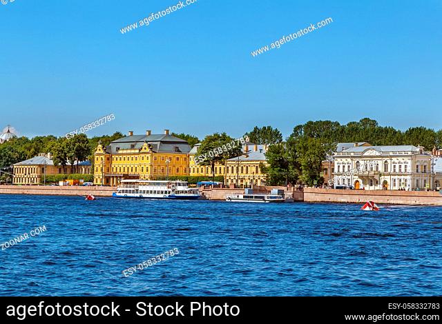View of University embankment with Menshikov Palace from Neva river, Saint Petersburg, Russia